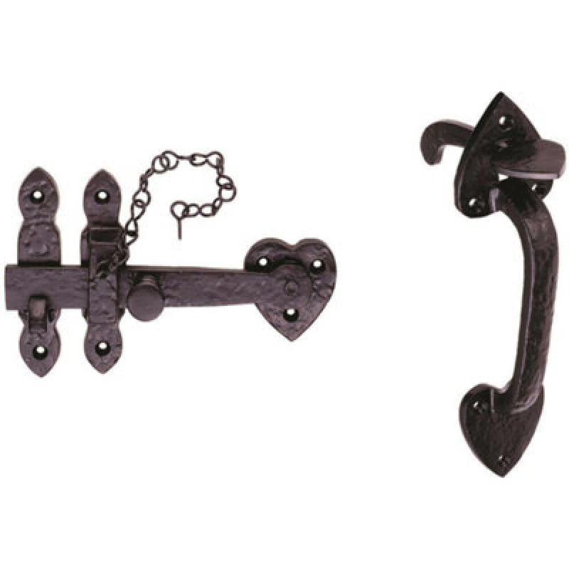 Image of Loops Ornate Thumb Latch Door Handle Set for Outdoor Gates Black Antique Finish Black