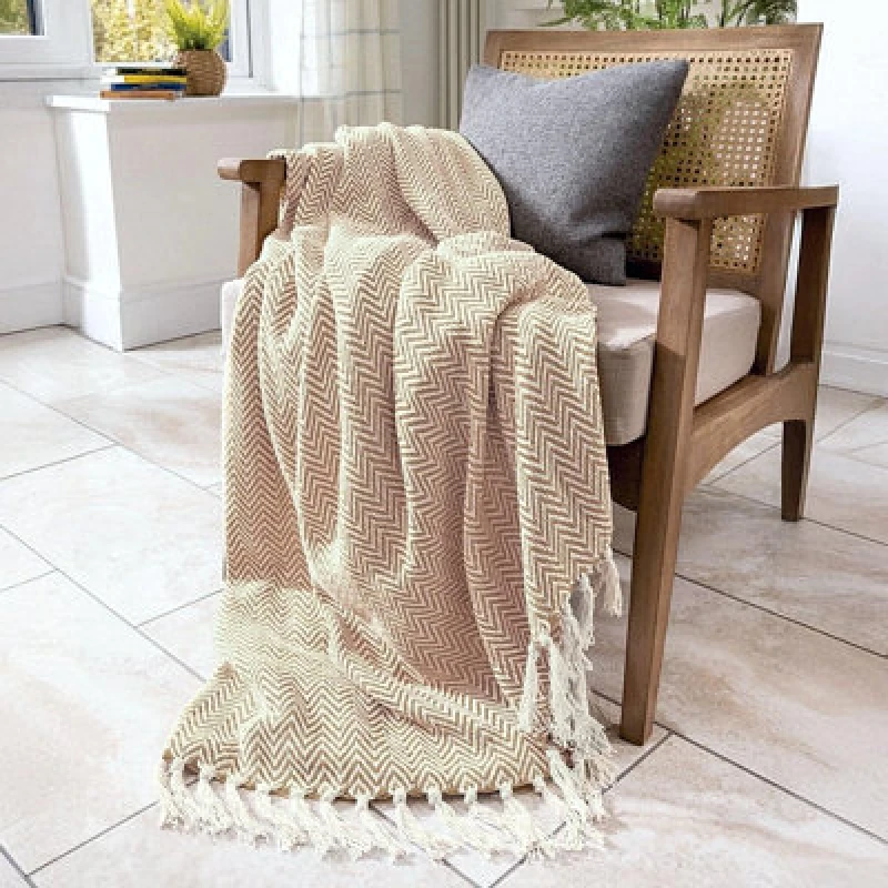 Image of Allure Bath Fashions Audley Chevron Herringbone Throw Blanket - Beige, 125 X 150Cm