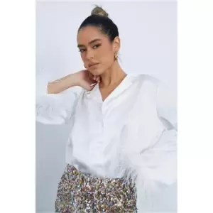 Image of I Saw It First White Satin Feather Cuffed Shirt - White