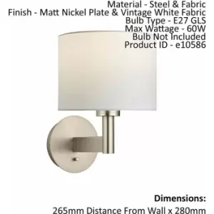Image of Wall Light Matt Nickel Plate & Vintage White Fabric 60W E27 GLS e10586