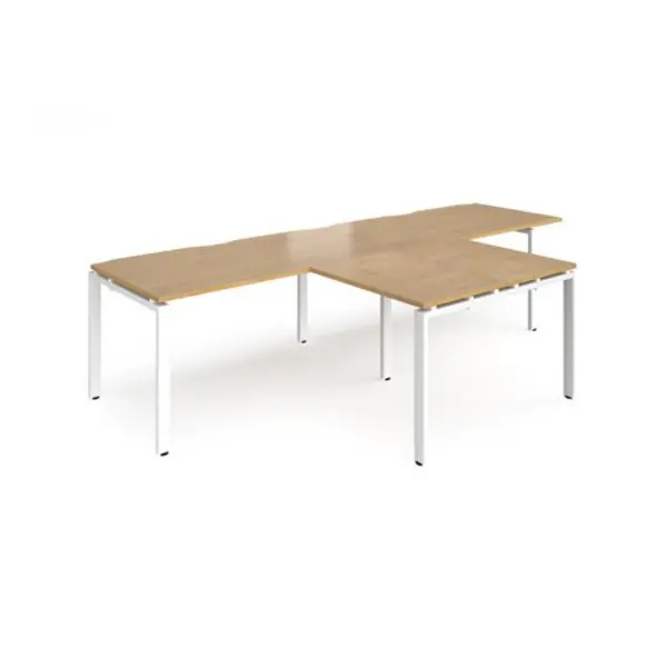 Image of Adapt Bench Desk 2 Person With Return Desks 3200mm Oak Tops With White Frames Adapt Oak ER3288-WH-O