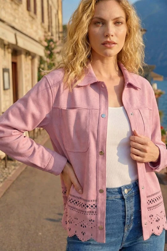 Image of Roman Womens Faux Suede Cut Out Shacket in Light Pink Size: 10 Light Pink Female 10