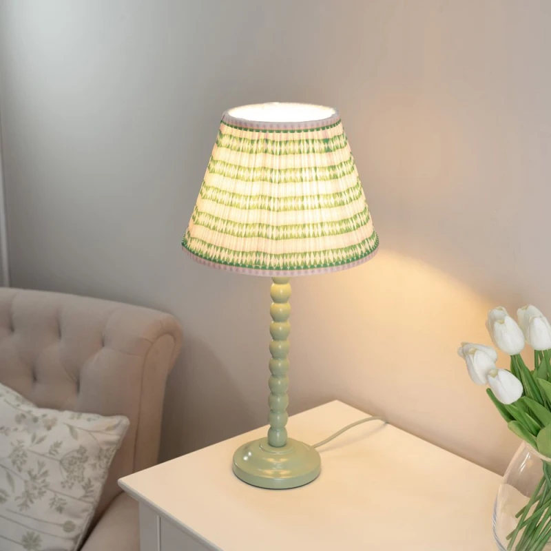 Image of ValueLights Bobbins Sage Green Table Lamp with Tapered Fabric Pleasted Lamp Shade Baby Pink