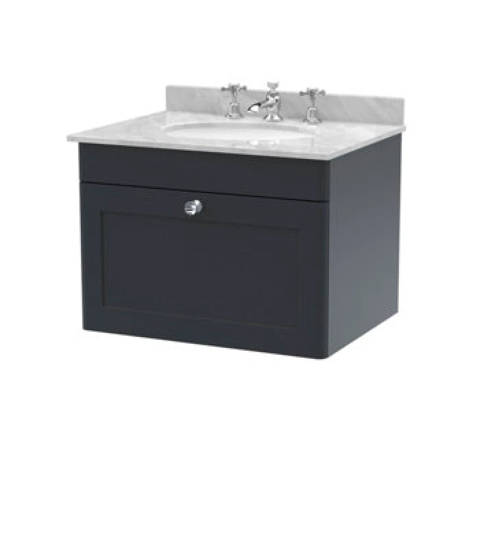 Image of Nuie Classique Wall Hung 1 Drawer Unit & 3 Tap Hole Grey Marble Top With Oval Basin, Sink Vanity Unit In Soft Black With White