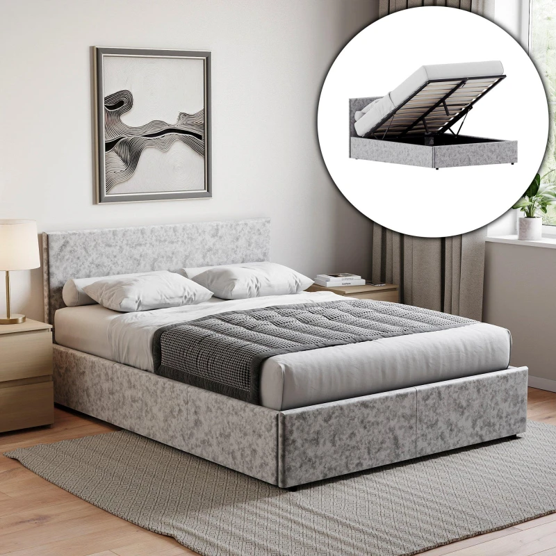 Image of Lassic Veronica King Ottoman Storage Bed & Mattress Set Silver Velvet unisex King Size