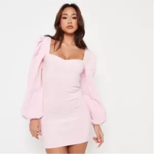 Image of Missguided Petite Puff Sleeve Rib Mini Dress - Pink