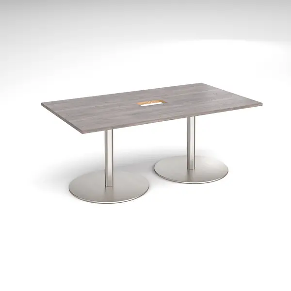 Image of Eternal Rectangular Office Boardroom Table with Power Module Cut Out - Grey Oak - Brushed Steel Base - W1800mm