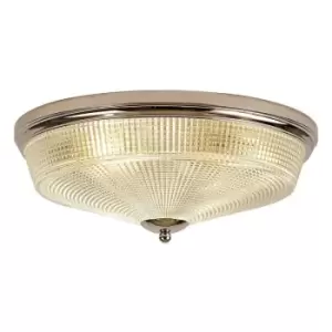 Image of Luminosa DeRuyter 3 Light E27 Flush Ceiling Lamp, Polished Nickel, Prismatic Glass