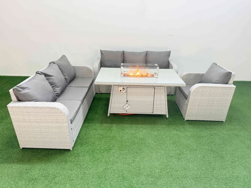 Image of Fimous 7 Seater Poly Rattan Outdoor Garden Furniture Firepit Dining Table Sofa Set Patio 3 Seater Sofa Reclining Chair 3 Seater Sofa Light Grey Light