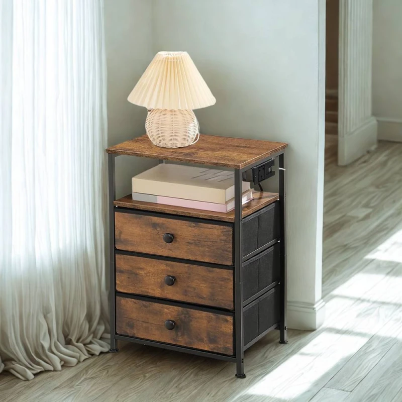 Image of FURNOS Smart Bedside End Table With 3 Drawers With USB Ports in Brown Brown Unisex
