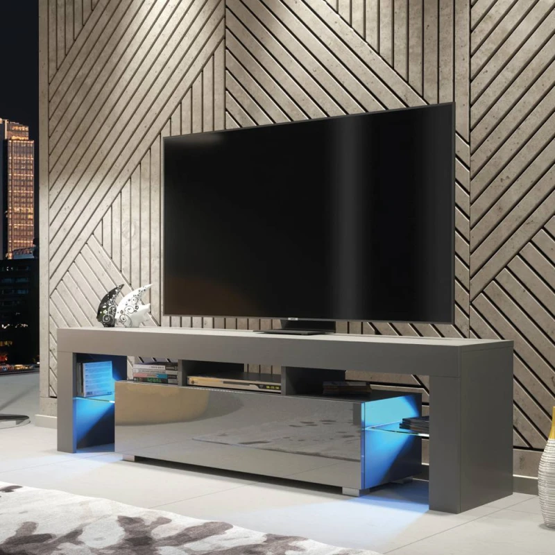 Image of Mex Furniture LTD TV Unit with LED Lighting & Gloss Doors / 160cm in Dark Grey Dark Grey Unisex