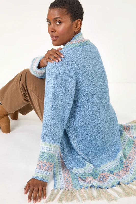 Image of Roman Womens Patterened Fringe Cardigan in Light Blue Size: 14 Light Blue Female 14