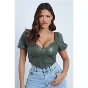 Image of I Saw It First Olive Green Faux Leather Puff Sleeve Crop Top - Green