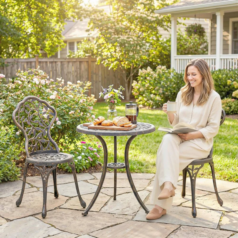 Image of OUTSUNNY Aluminium Bistro Set Garden Coffee Table Chair Outdoor Dining Set in Brown Size: 60cm x 60cm Brown Unisex 60cm x 60 cm