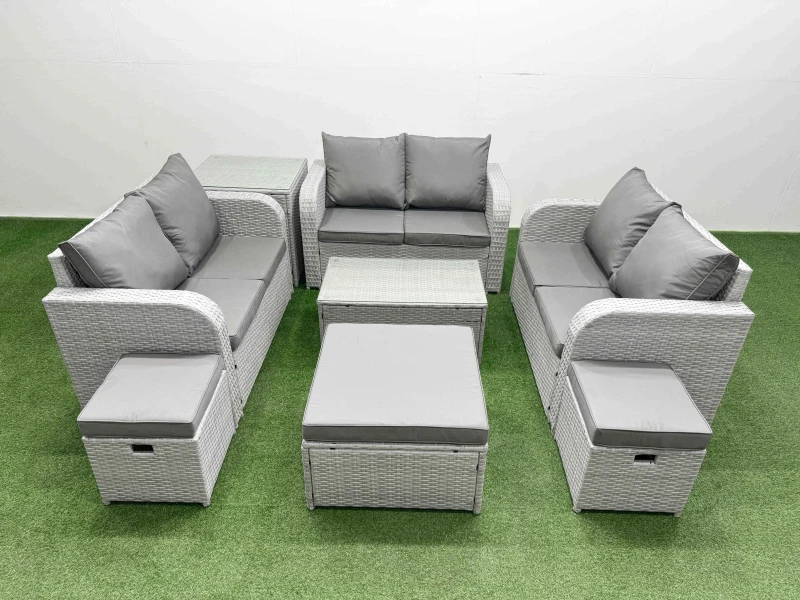 Image of Fimous 9 Seater PE Wicker Rattan Furniture Sofa Sets with Rectangular Coffee Table 2 Seater Love Sofa 3 Stool Side Table Light Grey Light Grey