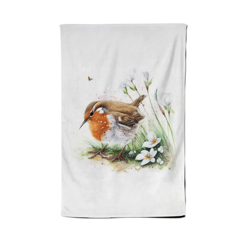 Image of Warren Reed - Designer Robin & Daisies Watercolour Tea Towel in Brown Brown Unisex