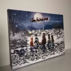 Image of 40cm x 30cm Snowtime Touch Operated Cats Christmas Fibre Optic Wall Canvas