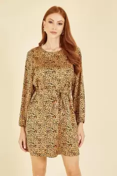 Image of Brown Animal Heart Print Long Sleeve Tunic Dress