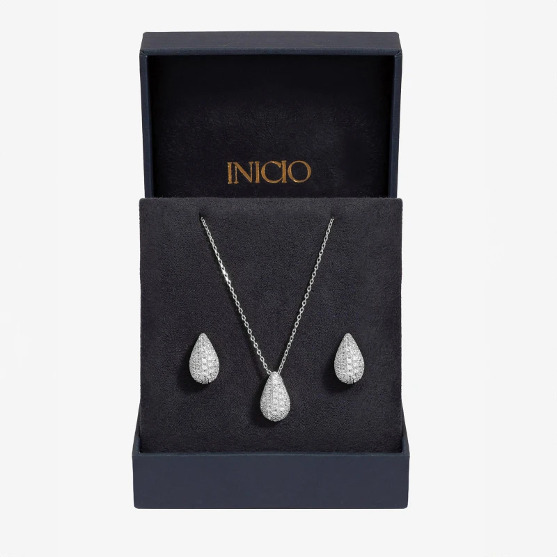 Image of Inicio Rhodium Plated Cubic Zirconia Teardrop Set - Gift Box Silver female