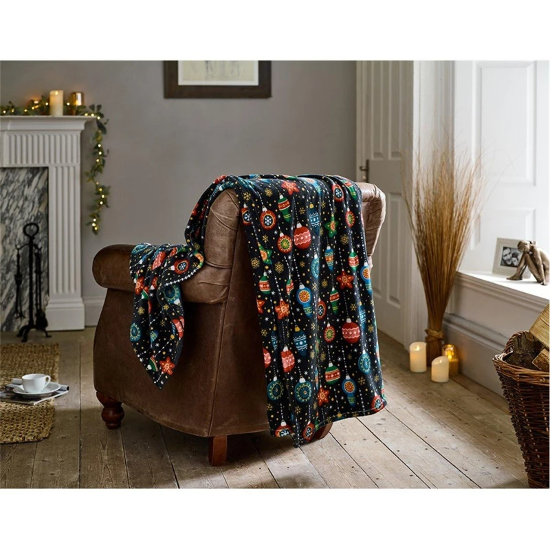 Image of Deyongs Deyongs Christmas Baubles Fleece Throw - 140 x 180cm Soft Festive Blanket with Colourful Bauble Print in Navy Size: 140cm x 180cm Navy 140cm
