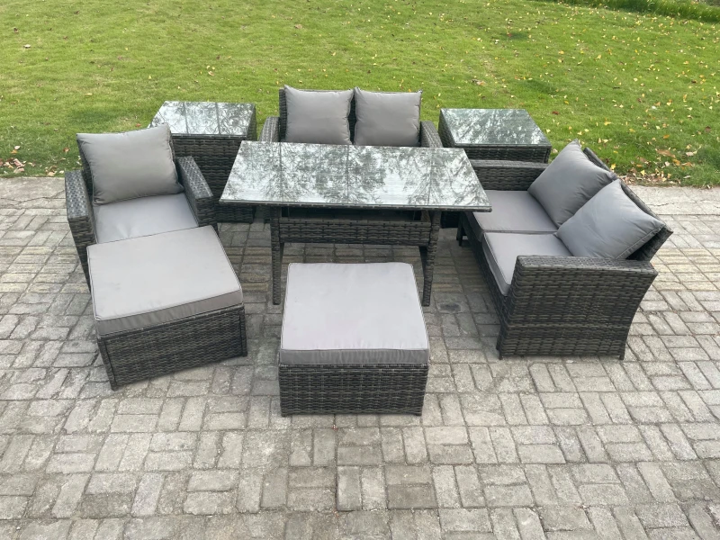 Image of Fimous Outdoor Garden Dining Set Wicker PE Rattan Furniture Sofa with Dining Table Double Seat Sofa 2 Side Tables 2 Big Footstool in Dark Grey Dark Gr