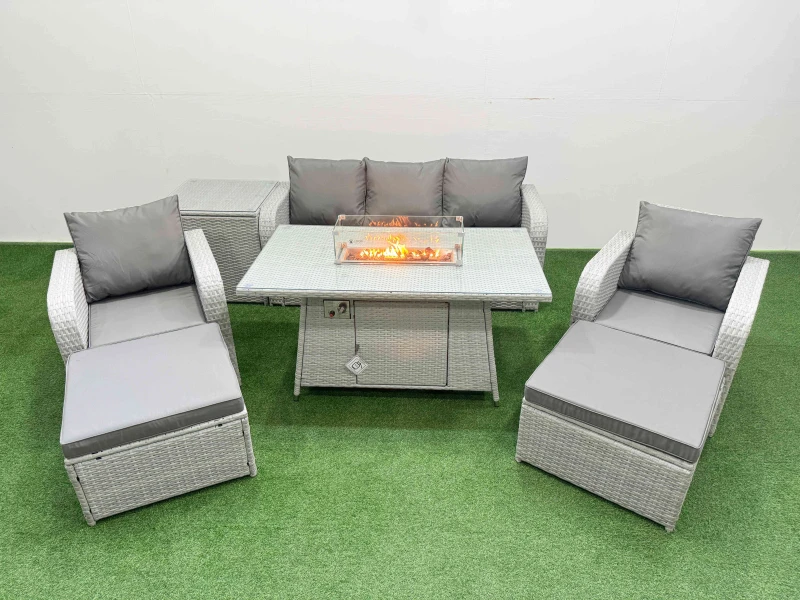 Image of Fimous PE Rattan Garden Furniture Set Reclining Chair Sofa Lounge Sofa Set Firepit Dining Table Side Table 2 Big Footstool Light Grey Light Grey