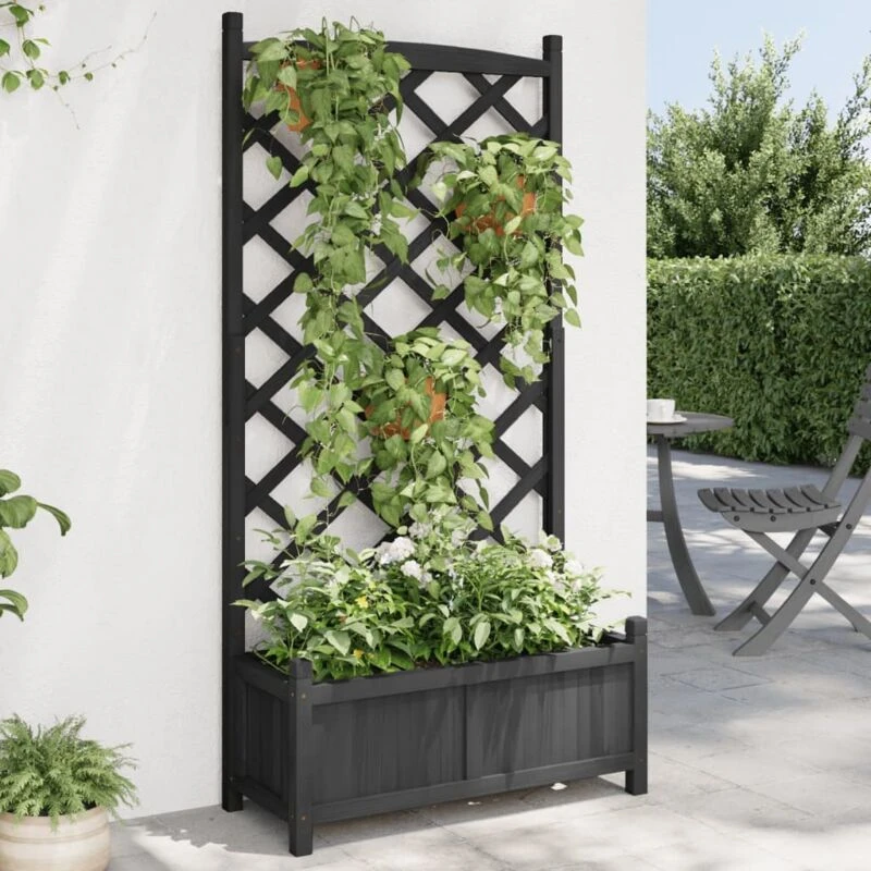 Image of vidaXL Planter w/ Trellis Black Solid Wood, Black 365490