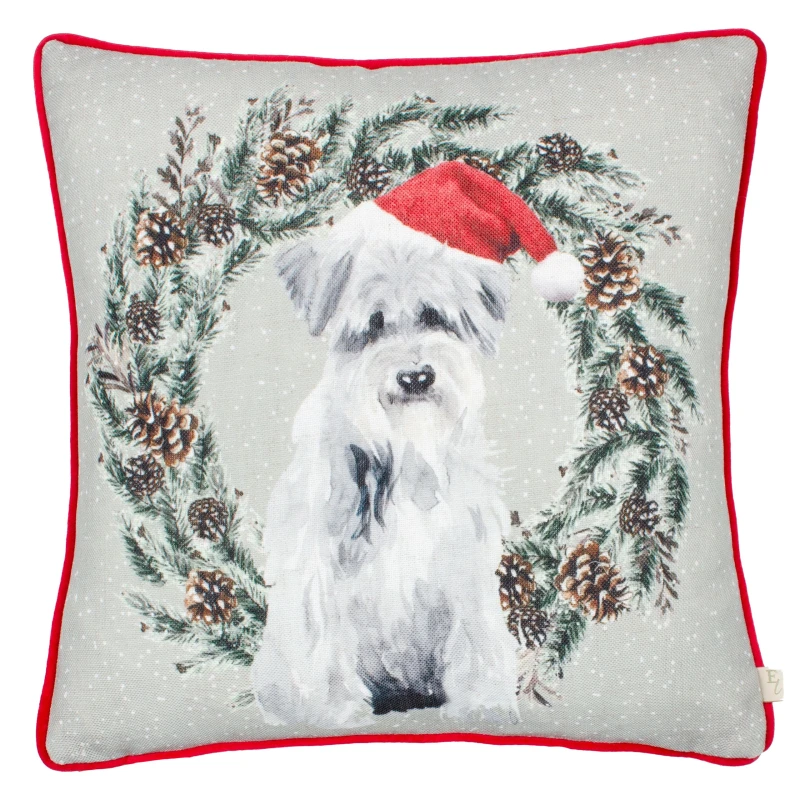 Image of Evans Lichfield Christmas Dog Wreath Velvet Piped 43cm x 43cm Filled Cushion Multi