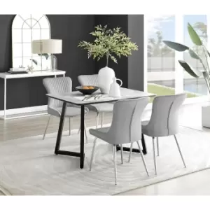 Image of Furniturebox Carson White Marble Effect Recatngular 120cm Dining Table & 4 Light Grey Nora Silver Leg Velvet Chairs