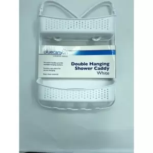Image of White Sturdy Plastic 2 Tier Shower Rack Caddy Shelf w Hanging hooks - Blue Canyon