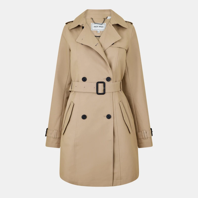 Image of Jack Wills Womens Double Breasted Cotton Water Resistant Mid-Length Trench Coat Stone female 6 (2XS)