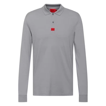 Image of Hugo Boss Deresolo Red Patch Logo Long Sleeve Polo Shirt Silver Size M Men