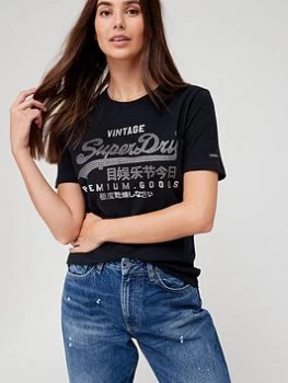 Image of Superdry Vintage Logo Embellished T-Shirt - Black, Size 12, Women