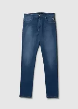 Image of Replay Mens Mickym Recycled Hyperflex Jeans In Mid Blue