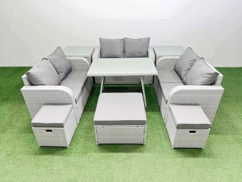 Image of Fimous 9-seater Patio Rectangular Table Love Sofa Set with 2 Side Tables in Light Grey Light Grey Unisex