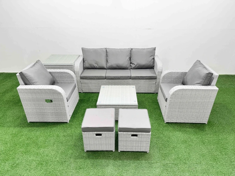 Image of Fimous PE Rattan Garden Furniture Set Reclining Chair Sofa Lounge Sofa Set Square Coffee Table Side Table 2 Small Stools Light Grey Light Grey