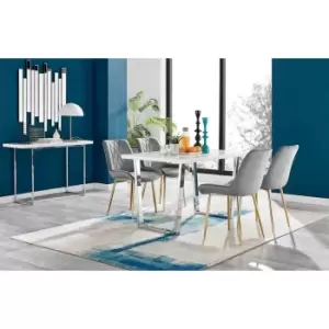 Image of Furniture Box Kylo White High Gloss Dining Table and 4 Grey Pesaro Gold Leg Chairs
