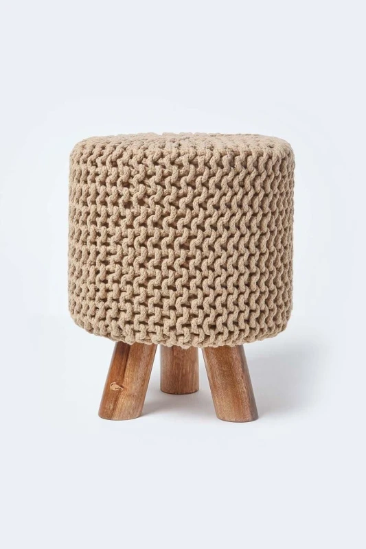 Image of Homescapes Linen Tall Cotton Knitted Footstool On Legs