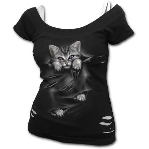 Image of Bright Eyes Womens Medium 2In1 White Ripped Top - Black