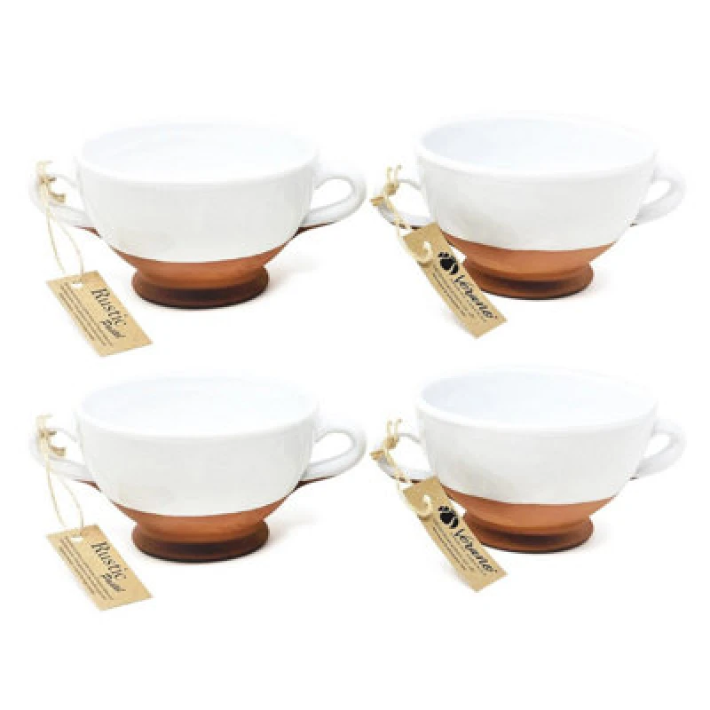 Image of Verano Spanish Ceramics Rustic Pastel Half Dipped Terracotta Kitchen Dining Set Of 4 Soup Bowls White (Diam) 14.5Cm