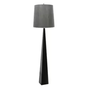Image of Floor Lamp Tapered Column Dark Grey Faux Silk Shade Black LED E27 100W Bulb