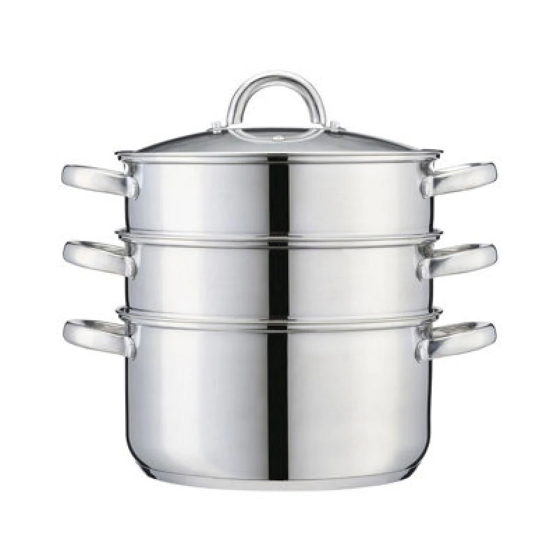 Image of Cooks Professional 3 Tier Stainless Steel Steamer Pan - Suitable For All Hobs Inc Induction - Dishwasher Safe - 24Cm Diameter