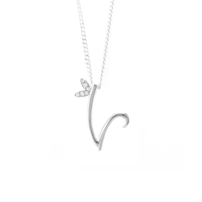 Image of Say It With Winged Diamond Initial Necklace - Sterling Silver - V/18" Size: 18" Silver Unisex 18"