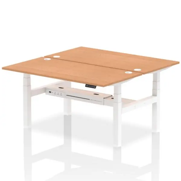 Image of Air Air Back-to-Back 1600 x 800mm Height Adjustable 2 Person Bench Desk Oak Top with Cable Ports White Frame HASCP2P16800OAKW