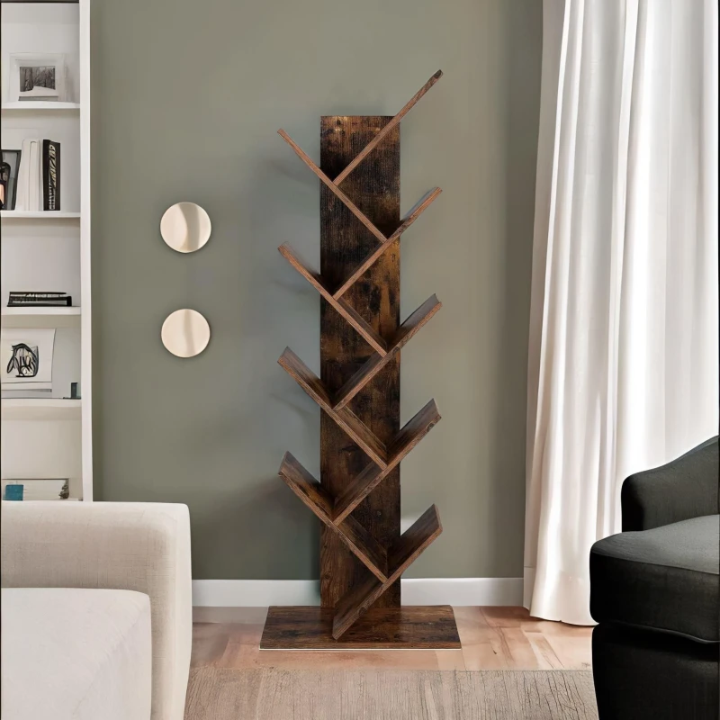 Image of Rafaelo Mobilia Industrial 8 Tier Tree Free-Standing Book Shelf in Dark Brown Dark Brown Unisex