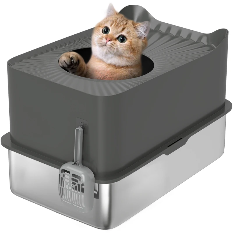 Image of PawHut Stainless Steel Cat Litter Box, Enclosed Metal Litter Tray, Dark Grey D31-125V00CG