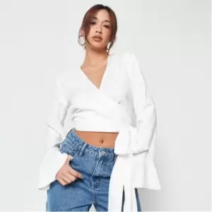 Image of Missguided Wrap Front Flared Sleeve Crop Top - White
