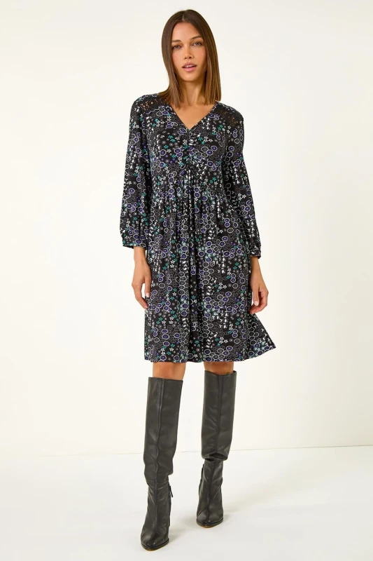 Image of Roman Floral Print Lace Trim Stretch Dress Blue