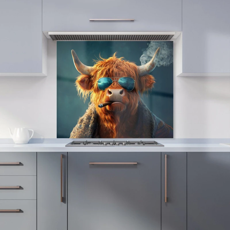Image of Warren Reed - Designer Highland Cow With Glasses Kitchen Splashback in Blue Size: 900mm x 750mm Blue Unisex 900mm x 750mm