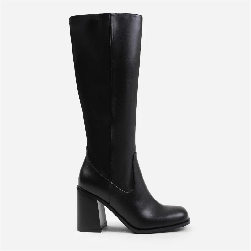 Image of Where's That From 'Zhuri' Mid Block Heel Knee High Boots With Stretch And Side Zip Black